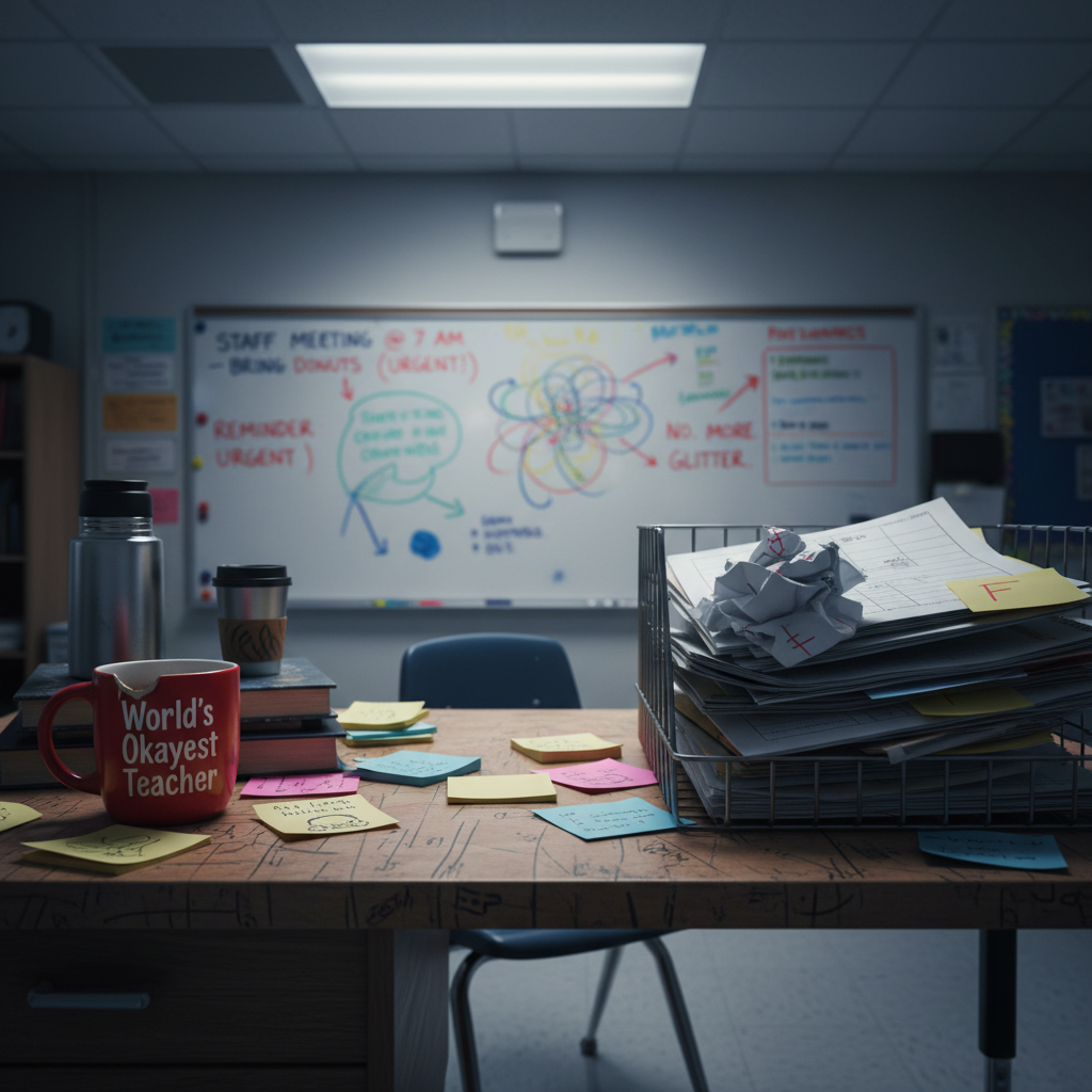 A heavily used wooden teacher’s desk scarred with pen marks and coffee rings, its surface crowded with colorful sticky notes, a chipped red “World’s Okayest Teacher” mug, and an overflowing inbox tray of ungraded papers. Behind it, a cluttered whiteboard is filled with chaotic diagrams, sarcastic reminders, and half-erased lesson plans. Overhead fluorescent lights buzz and cast harsh, cool illumination, creating sharp shadows and a slightly tense, late-evening atmosphere. Shot at eye level in photographic realism, with a shallow depth of field that keeps the front edge of the desk and the mug in crisp focus while the chaotic whiteboard blurs into the background, emphasizing the confessional chaos of a veteran educator’s daily grind.